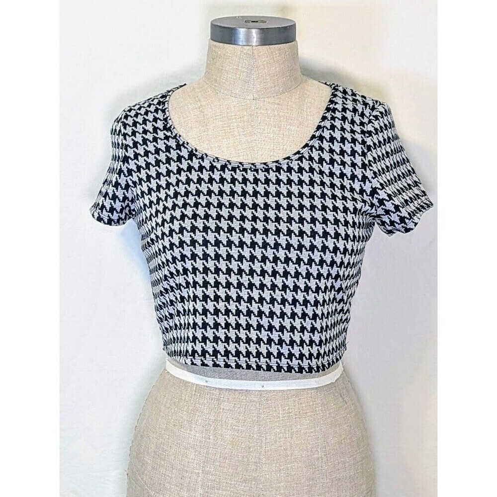 Freshman 1996 Womens XL NWT Houndstooth Crop Top Black White Stretch Knit Shirt
